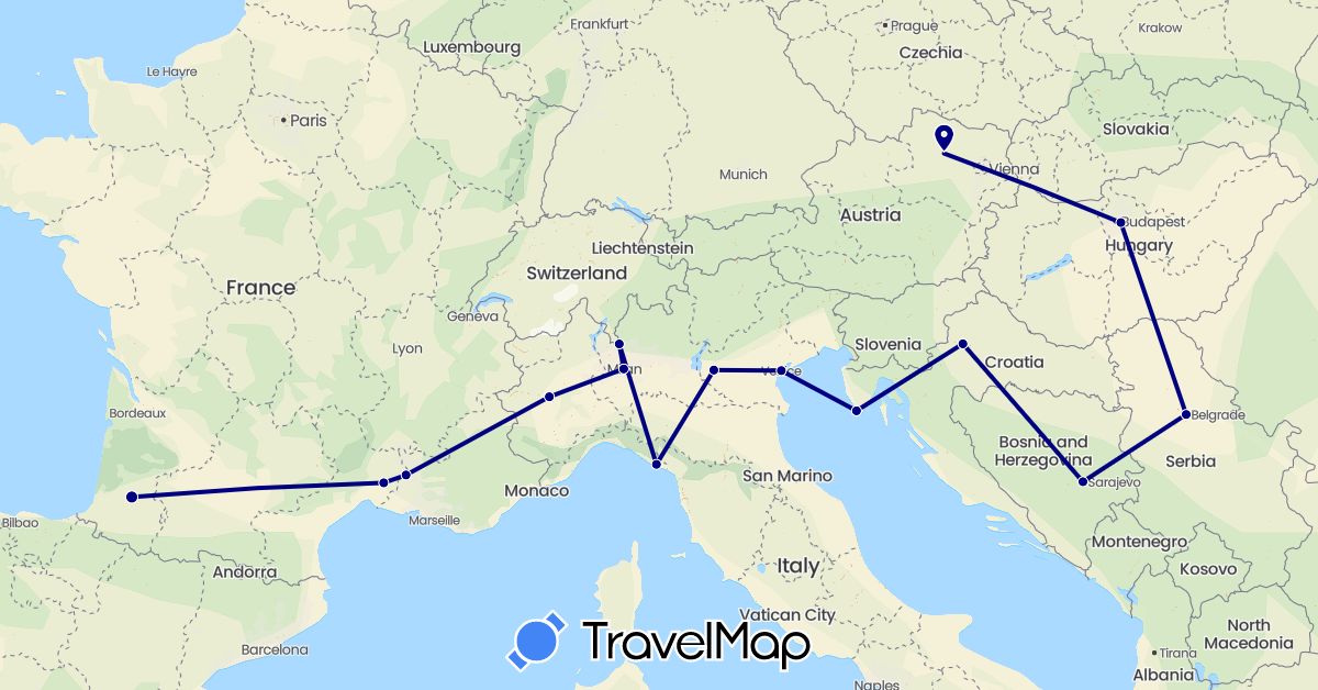 TravelMap itinerary: driving in Austria, Bosnia and Herzegovina, France, Croatia, Hungary, Italy, Serbia (Europe)